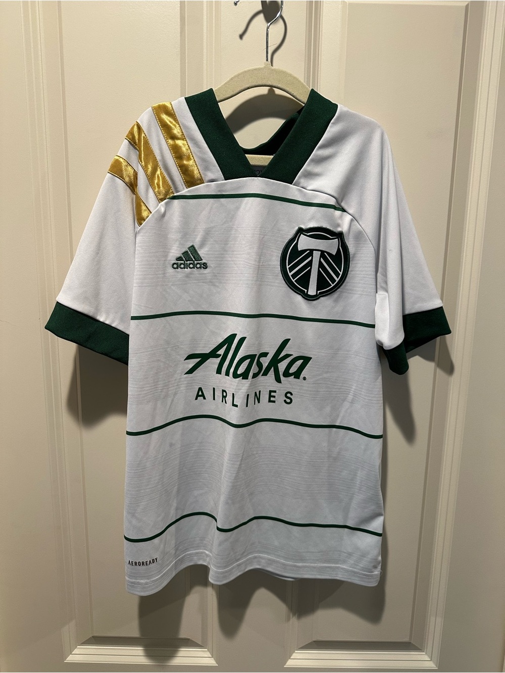 adidas White, Green & Gold Portland Timbers Kids Soccer Jersey